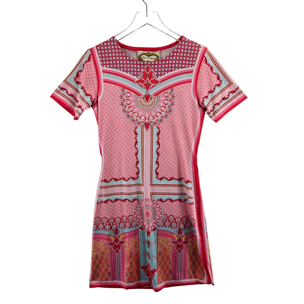 Anthropologie Preeti S‎ Kapoor Pink Ornate Print Beaded Mini Dress Short Sleeve